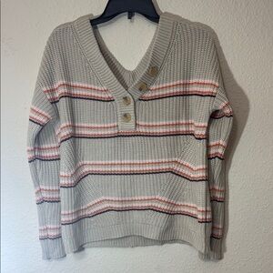 Maurices V-Neck Sweater with Button Accents - Cream and Orange Stripes
